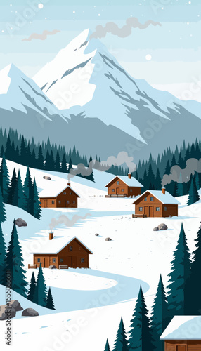 Winter landscape with wooden cabins and snow-covered mountains  