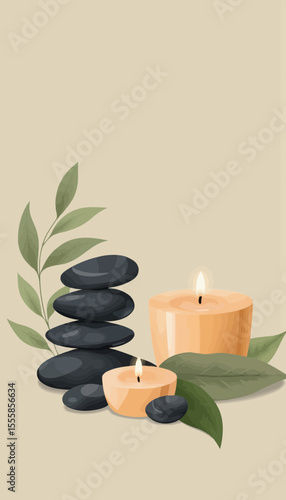 Spa stones and candles arranged with green leaves on neutral background  