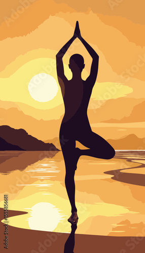 Silhouette of a yoga practitioner balancing at sunset on the beach  