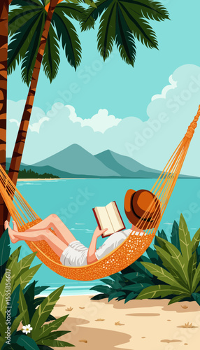 Woman relaxing in hammock by the beach while reading a book  
