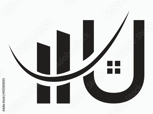 A collection of modern monogram logos combining alphabet letters with building shapes and house elements. Each logo features a stylized letter (T to Z) integrated with skyscraper silhouettes, u