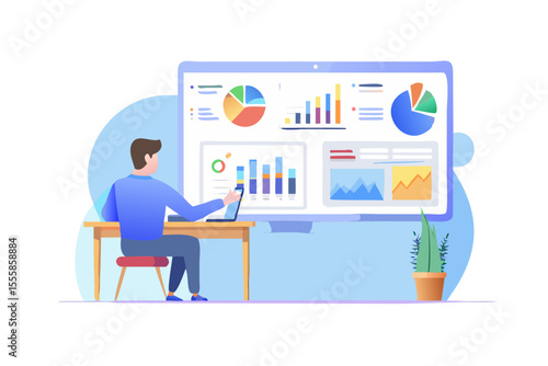 Man analyzing financial data charts and graphs on a large computer screen at his desk