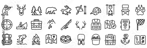 Hunting and Outdoor Adventure Outline Icon Set – Featuring Wildlife, Gear, Navigation, and Camping Essentials in editable Stroke.