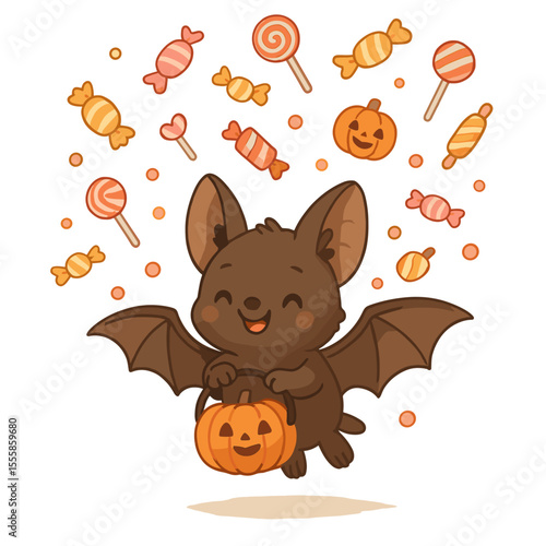 Cute bat holding a pumpkin surrounded by candies for Halloween  