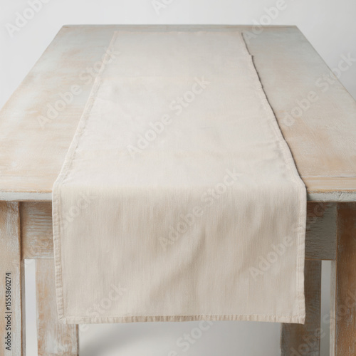 Elegant white linen table runner mockup. Blank natural tablerunner template. Long cloth table runner flat lays on wooden table
