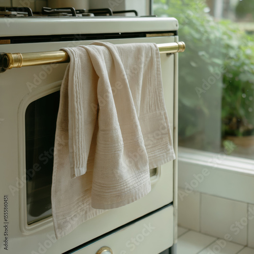 Natural linen kitchen towel mockup. Blank cloth napkin template. Casually folded dinner napkin hanging over oven handle. Empty dish towel template. Natural tea towel in boho and country rustic style