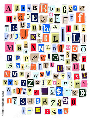 Multicolor Collage Letters Numbers Symbols Set: Complete AZ 09 Punctuation