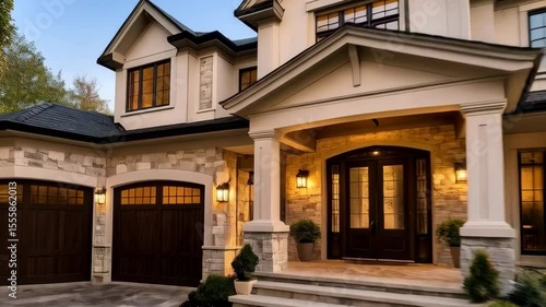 Exterior view of a large two-story suburban house with a stone and stucco facade, double garage and beautiful landscape