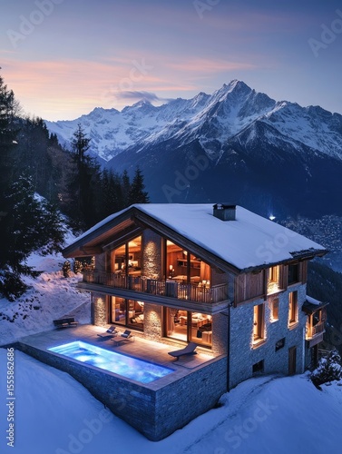 Snowy mountain chalet with pool