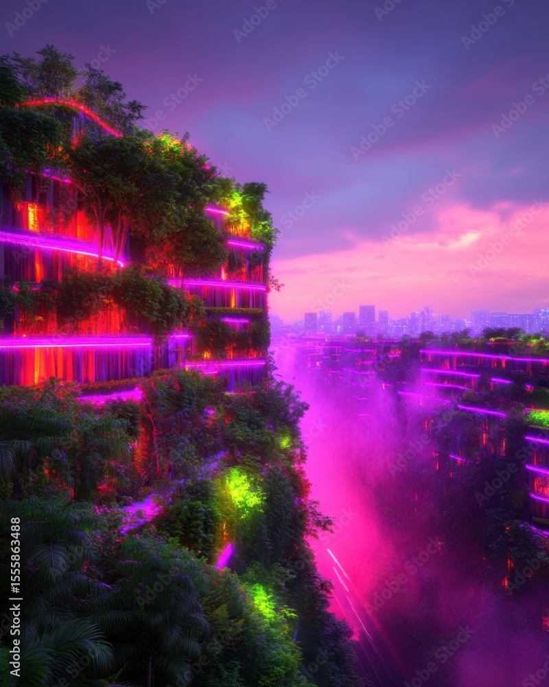 Fototapeta premium Vibrant cityscape with illuminated greenery.