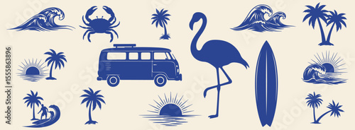 Vector graphic set with a tropical surf theme graphics. Perfect for t-shirt print, posters, and other surfing related designs.