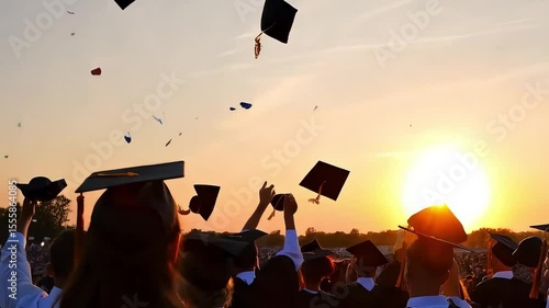 Silhouettes of graduates throwing caps in air, raining confetti celebration on graduation ceremony day. Happy students celebrating academic success with cap toss and festive confetti shower.

