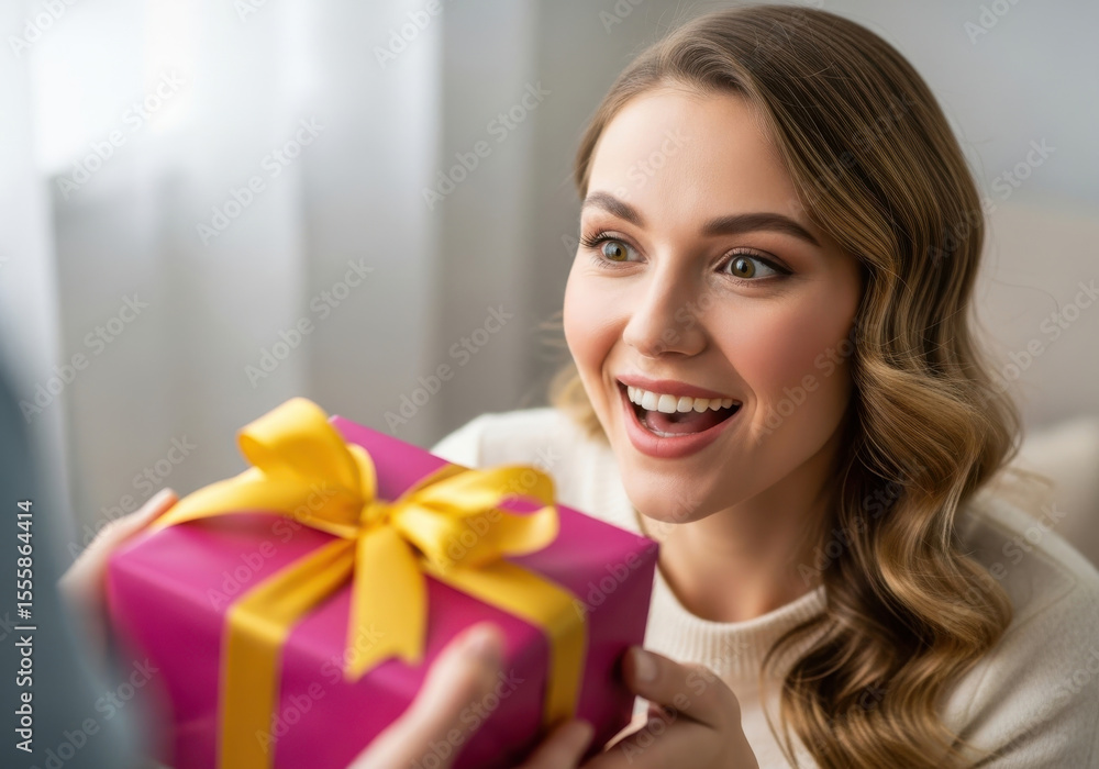 Joyful woman receiving gift wrapped pink paper with yellow ribbon Joyful woman receiving gift wrapped pink paper with yellow ribbon