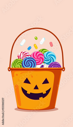 Halloween candy bucket filled with colorful sweets and lollipops  