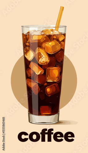 Iced coffee in a glass with straw and ice cubes on pastel background  