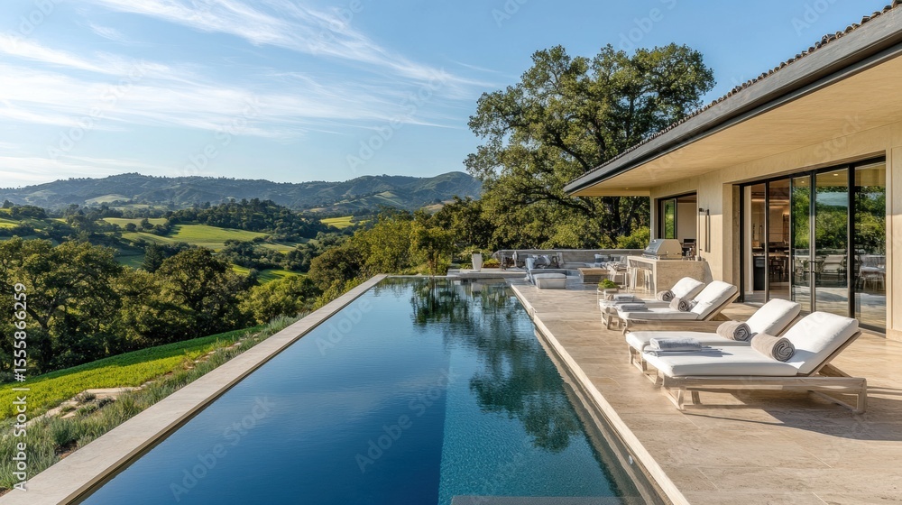 Fototapeta premium A view of the hills from an infinity pool with la white lounge chairs, overlooking distant mountains