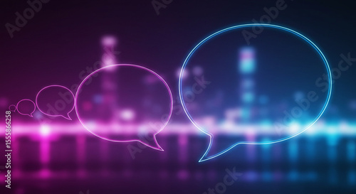 Abstract chat bubbles illuminated by colorful city lights  