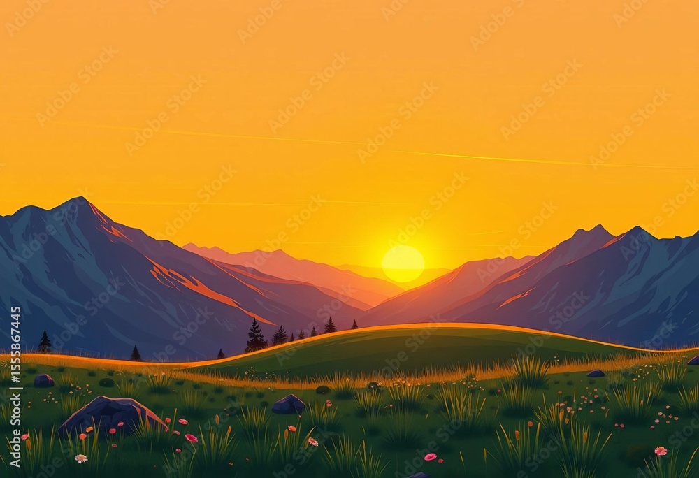 Fototapeta premium Stunning cartoon sunset over alpine meadow Orange and yellow sky, simple flat vector illustration, alpine, vibrant