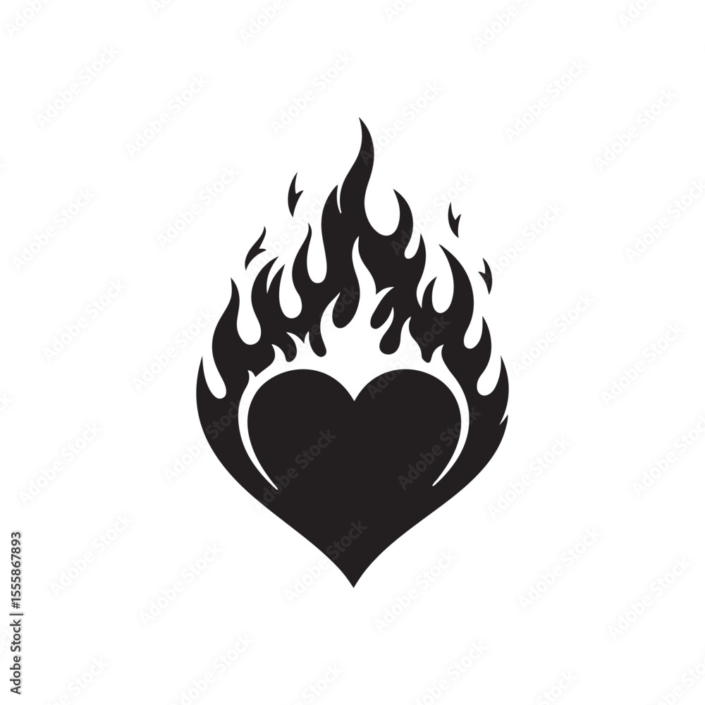 Heart with fire silhouette vector illustration design on white background. Heart with fire silhouette vector illustration design on white background.