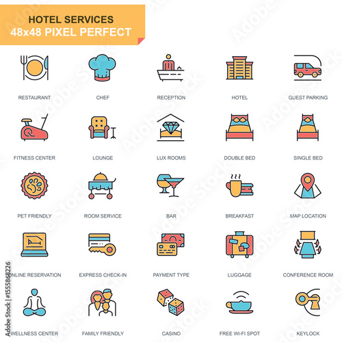 Hotel Services Icons – Flat Vector Set of Hospitality and Amenities