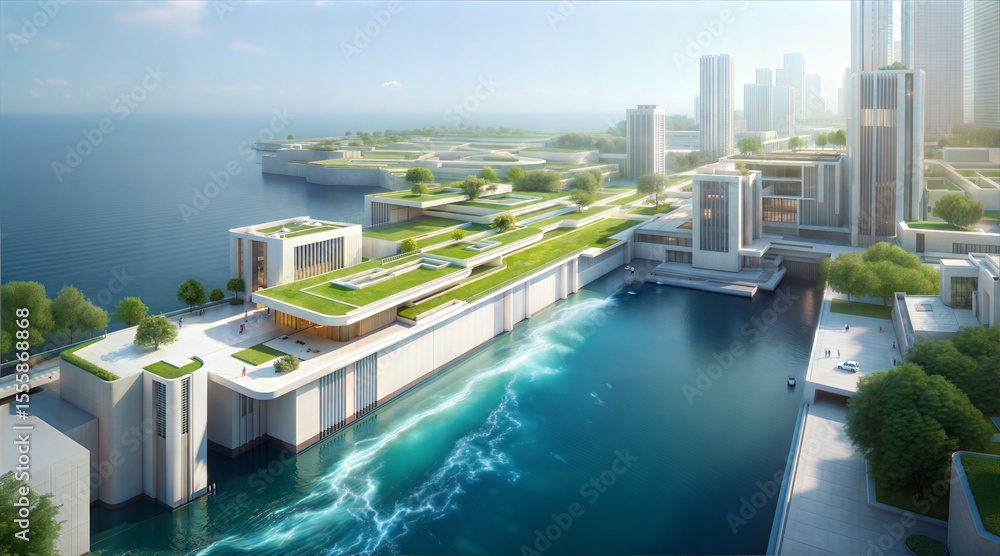 Obraz premium Futuristic waterfront cityscape features modern architecture with green rooftops and canal. design emphasizes sustainability and climate change adaptation, blending nature with urban living
