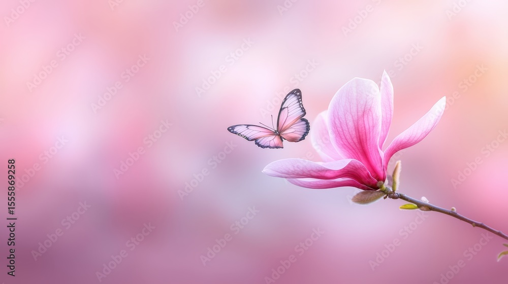 Fototapeta premium Delicate butterfly in flight over vibrant pink flower in sunny garden butterfly
