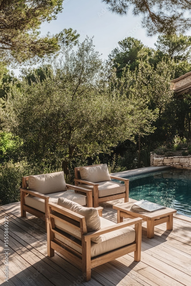 Fototapeta premium Outdoor teak lounge set by pool