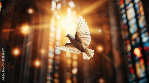 Sunlight shines from the stained glass of the church and a white pigeon silhouette flies in the middle. Light of the Holy Spirit
