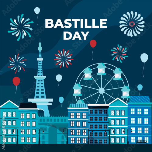 Illustration of Bastille Day celebrations with fireworks lit so beautifully at night