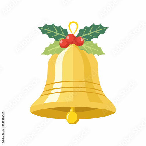 Festive Golden Bell Adorned with Holly: A gleaming golden bell, symbol of cheer and festivity, is elegantly adorned with vibrant green holly leaves and plump red berries.