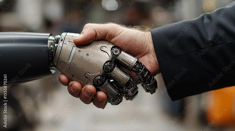 Close-up of a robot and a human shaking each other's hand Close-up of a robot and a human shaking each other's hand