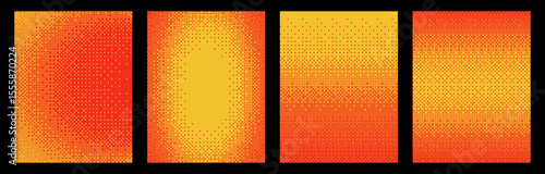Orange pixelated bitmap texture background set. Retro pixel art, glitch dither pattern, 8 bit yellow background. Leisure or arcade games duotone border frame. Vector illustration