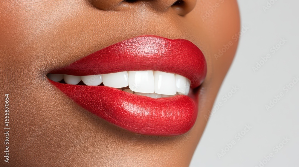Obraz premium Vibrant red lipstick and dazzling white teeth, a closeup of perfect smile closeup