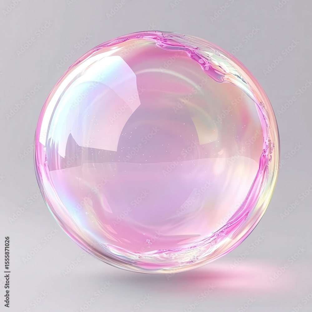 Obraz premium 3d pink soap ball. Realistic rainbow water bubble on transparent background. Abstract iridescent liquid sphere isolated. Magic laundry orb with light reflection. Round cleaning.