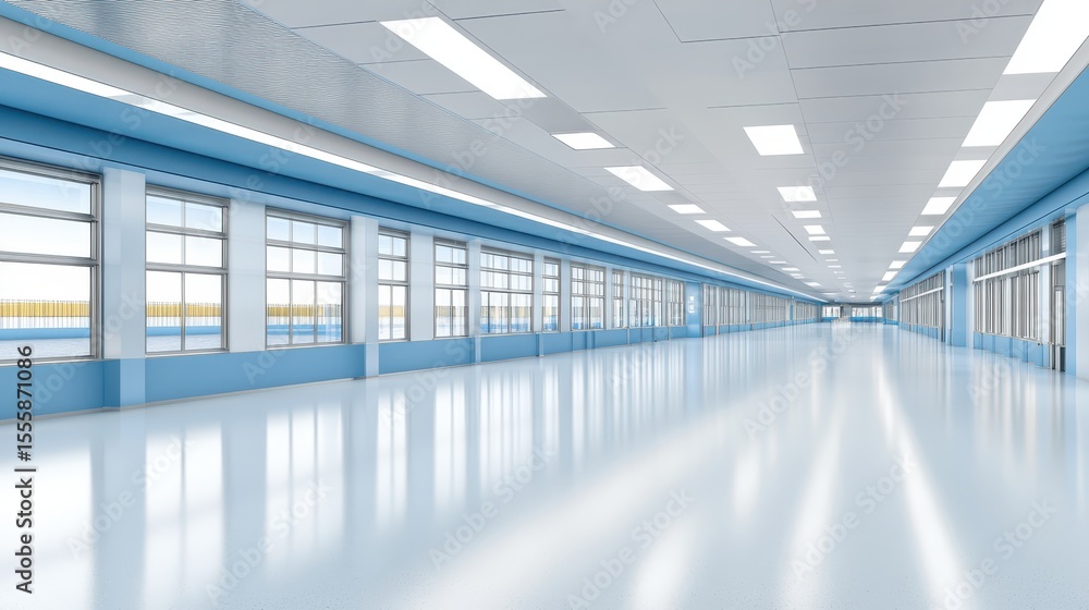 Fototapeta premium Serene sky blue hallway bathed in natural light from large tranquil