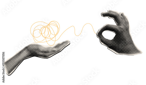 Halftone collage untangle knot of problems and mental disorder vector illustration, two hands opened chaotic thread, smart solution concept
