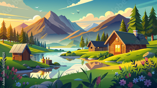 Scandinavian summer landscape with lush green meadows, calm lakes reflecting the sky, wooden cottages scattered across the countryside, and distant mountains under a soft golden sunlight