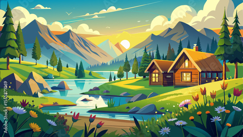 Scandinavian summer landscape with lush green meadows, calm lakes reflecting the sky, wooden cottages scattered across the countryside, and distant mountains under a soft golden sunlight