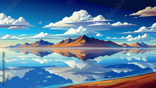 Stunning landscape of Salar de Uyuni, the world’s largest salt flat in Bolivia, with a perfectly reflective surface creating a surreal mirror effect under the vast blue sky