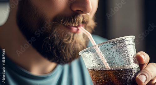 Close-up of a bearded man sipping from a cold soda cup with a straw, condensation on the cup glistening under soft lighting.