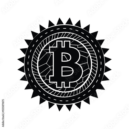 Black and white stylized bitcoin symbol with a sun like border