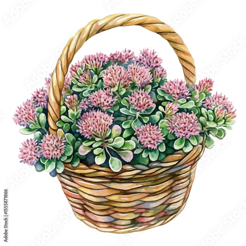 watercolor vector of A Sedum Flower Basket, isolated on a white background.