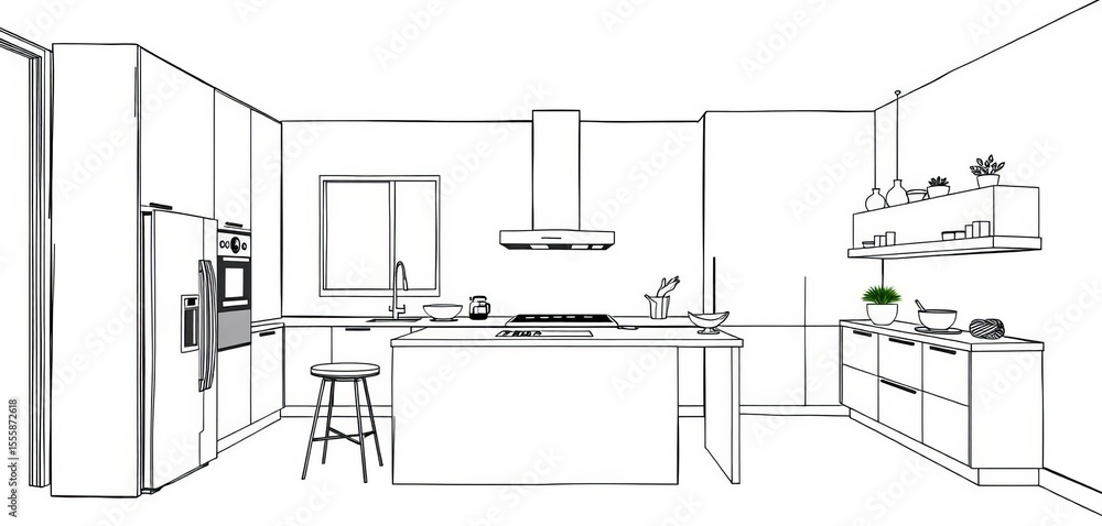 Fototapeta premium Stylish black and white kitchen sketch, minimalist home interior design , apartment, monochrome