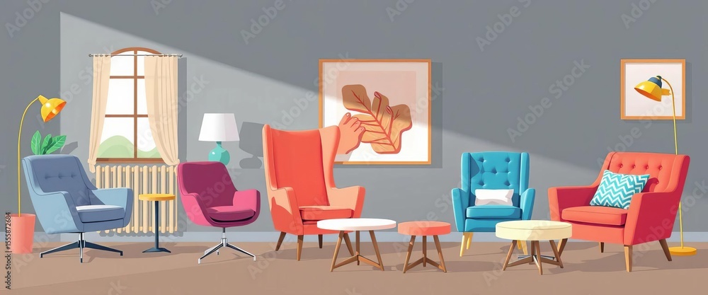 Fototapeta premium Stylish chairs, armchairs, stools in various styles for home and office interiors Vector illustrations, equipment, vector