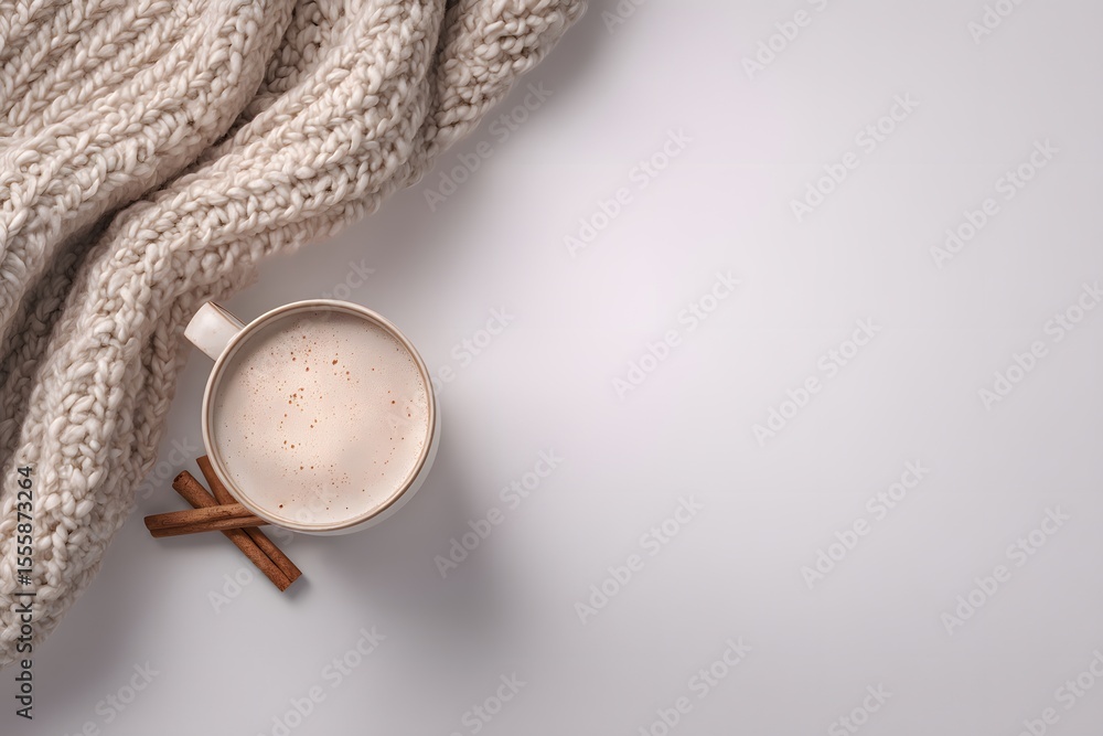 Fototapeta premium Cozy winter scene featuring a warm beverage, cinnamon sticks, and knitted blanket