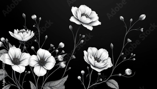 Stylized black & white floral illustrations; delicate blooms, elegant botanical art ,   floral design,  wedding