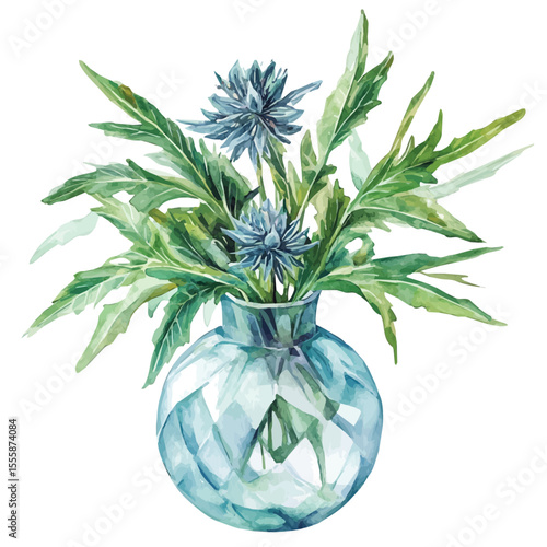 watercolor vector of A Sea Holly In A Vase, isolated on a white background.