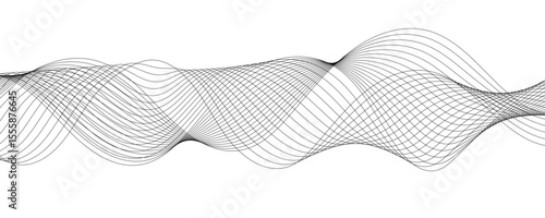 Abstract monochromatic wave pattern with smooth, flowing curves. Shades of grayscale, from light to dark,Frequency sound wave lines and technology curve lines. Design for brochure, flyer, banner, 