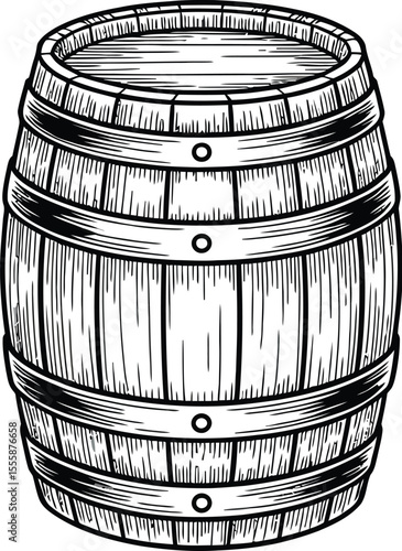 Illustration of a wooden barrel with metal hoops on a white background