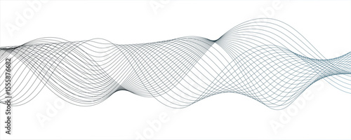 Abstract monochromatic wave pattern with smooth, flowing curves. Shades of grayscale, from light to dark,Frequency sound wave lines and technology curve lines. Design for brochure, flyer, banner, 